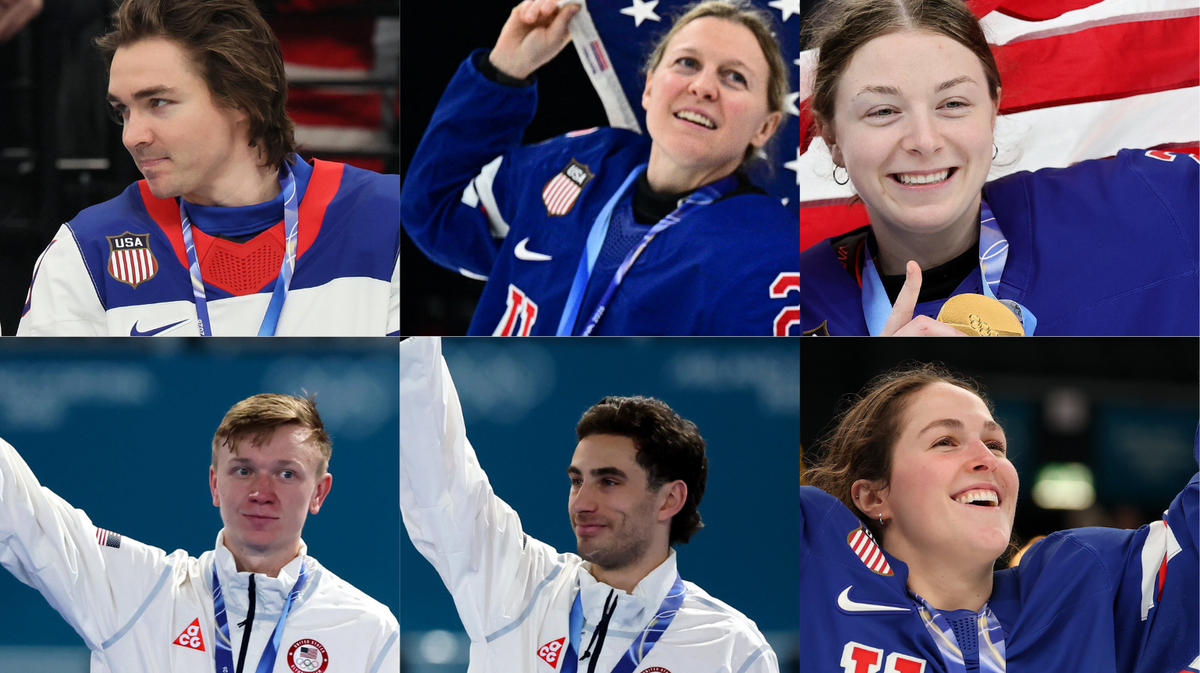 Six Illinoisans are Olympic medalists after competing in the 2026 Winter Olympics in Milan. Clockwise from top left: Clayton Keller of men’s ice hockey, Kendall Coyne Schofield of women’s ice hockey, Tessa Janecke of women’s ice hockey, Abbey Murphy of women’s ice hockey, Emery Lehman of men’s speedskating and Ethan Cepuran of men’s speedskating.