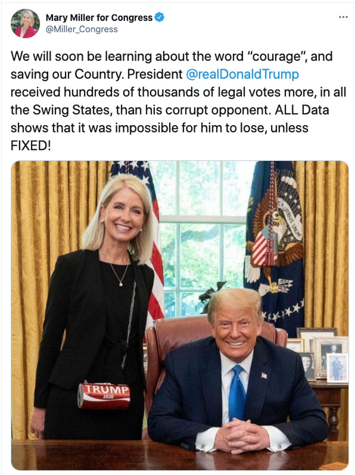 U.S. Rep. Mary MIller of the Illinois 15th District poses with former President Donald Trump.