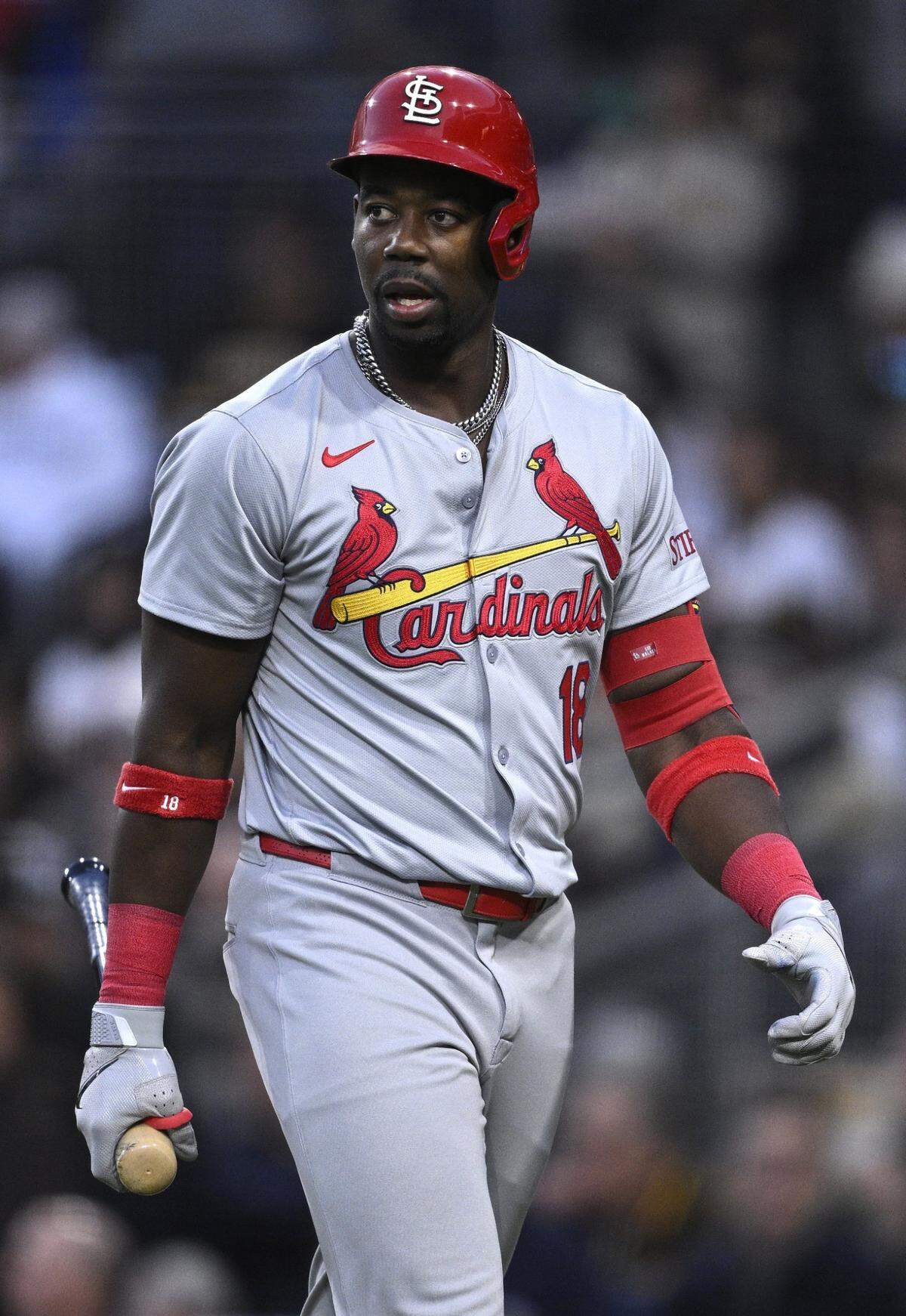 Apr 1, 2024; San Diego, California, USA; St. Louis Cardinals right fielder Jordan Walker (18) looks on after striking out during the first inning against the San Diego Padres at Petco Park. Mandatory Credit: Orlando Ramirez-USA TODAY Sports 