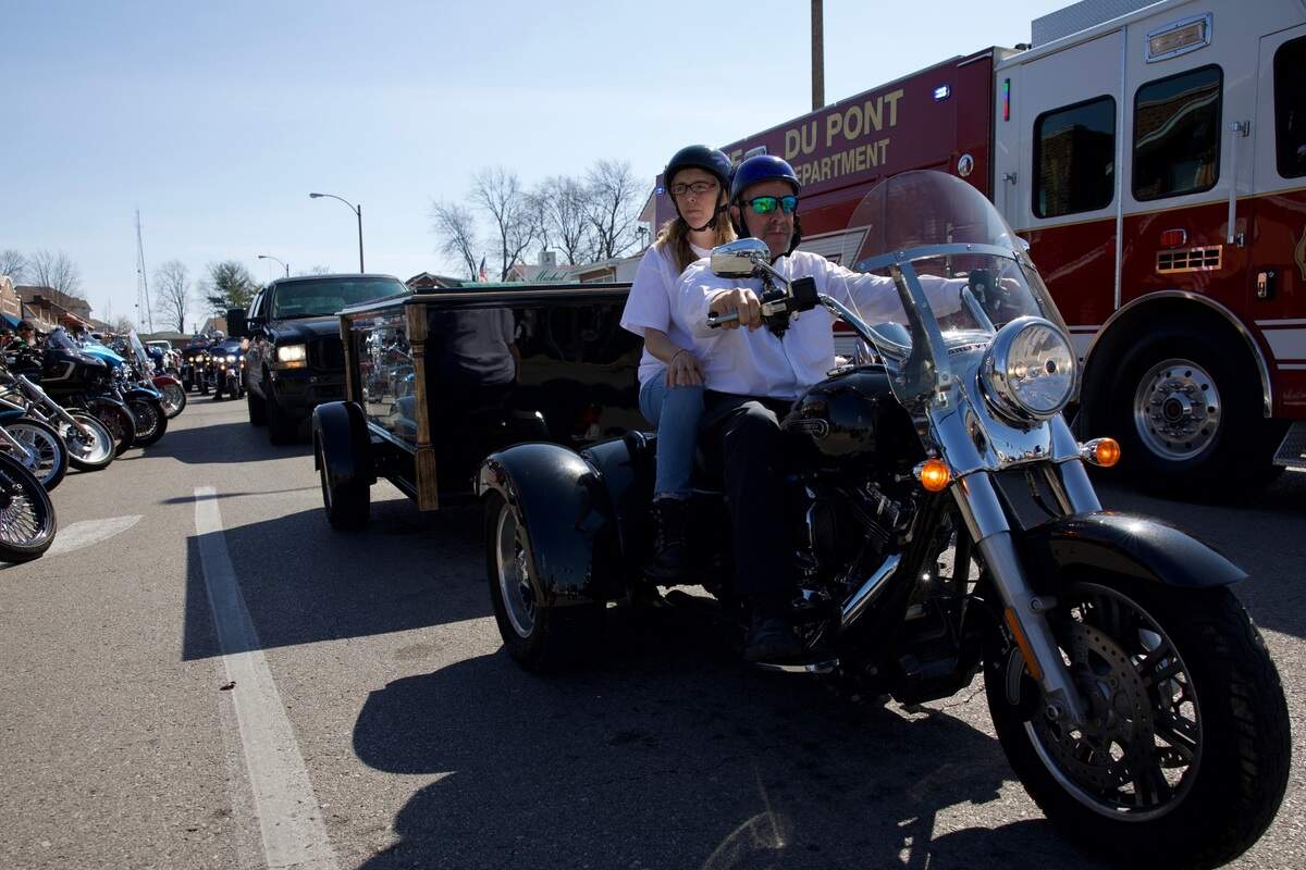 Motorcyclists from the metro-east and eastern Missouri ride through St. Louis to Cedar Hill in a procession March 3, 2024. The group was leading the funeral procession for Sharli Edmonds and Chad Metcalf, who died in a house fire in Cahokia Heights on Feb. 24.