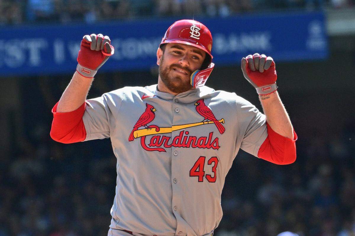 Sep 2, 2024; Milwaukee, Wisconsin, USA; St. Louis Cardinals catcher Pedro Pages (43) reacts after hitting a solo home run in the third inning against the Milwaukee Brewers at American Family Field. Mandatory Credit: Benny Sieu-USA TODAY Sports