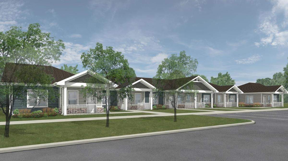 The preliminary design for a potential housing development project to be located Illinois 143 and Valentine Lane in Highland. The project, proposed by Southwestern Illinois Development Authority (SWIDA) and Bywater Development Group, will provide age and income restricted housing for seniors ages 55 and older in villa-styled, rental homes. The design also includes a walking path, a community building, and a computer lab. among other amenities.