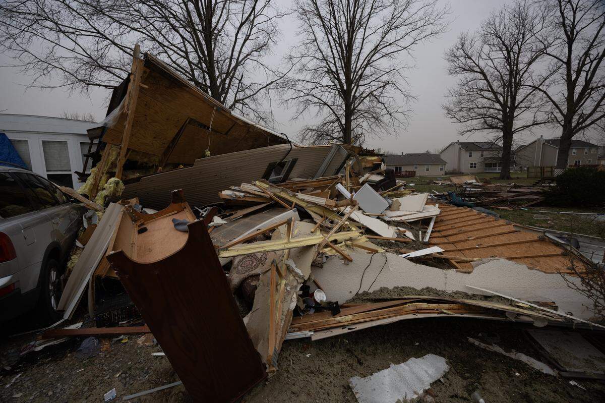 Destroyed homes inside of the Parkview Mobile Home Community in O’Fallon after a suspected tornado passed through Friday night.