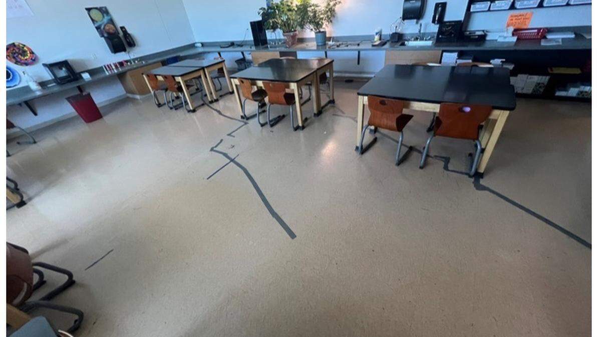 Cracks in the floors of a science classroom at Joseph Arthur Middle School in O’Fallon were often covered with duct tape in February 2025. The cracks are from movement in a coal mine that sits below the school’s surface.