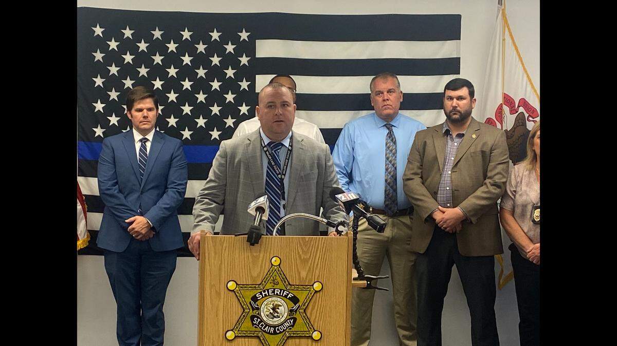 Sgt. Justin Biggs of the Monroe County Sheriff’s Department speaks at a news conference announcing an arrest in the July 25, 2023, shooting death of a Shiloh man on a MetroLink train. Biggs was leading the investigation by the Major Case Squad of Greater St. Louis. The news conference was at the St. Clair County Jail.
