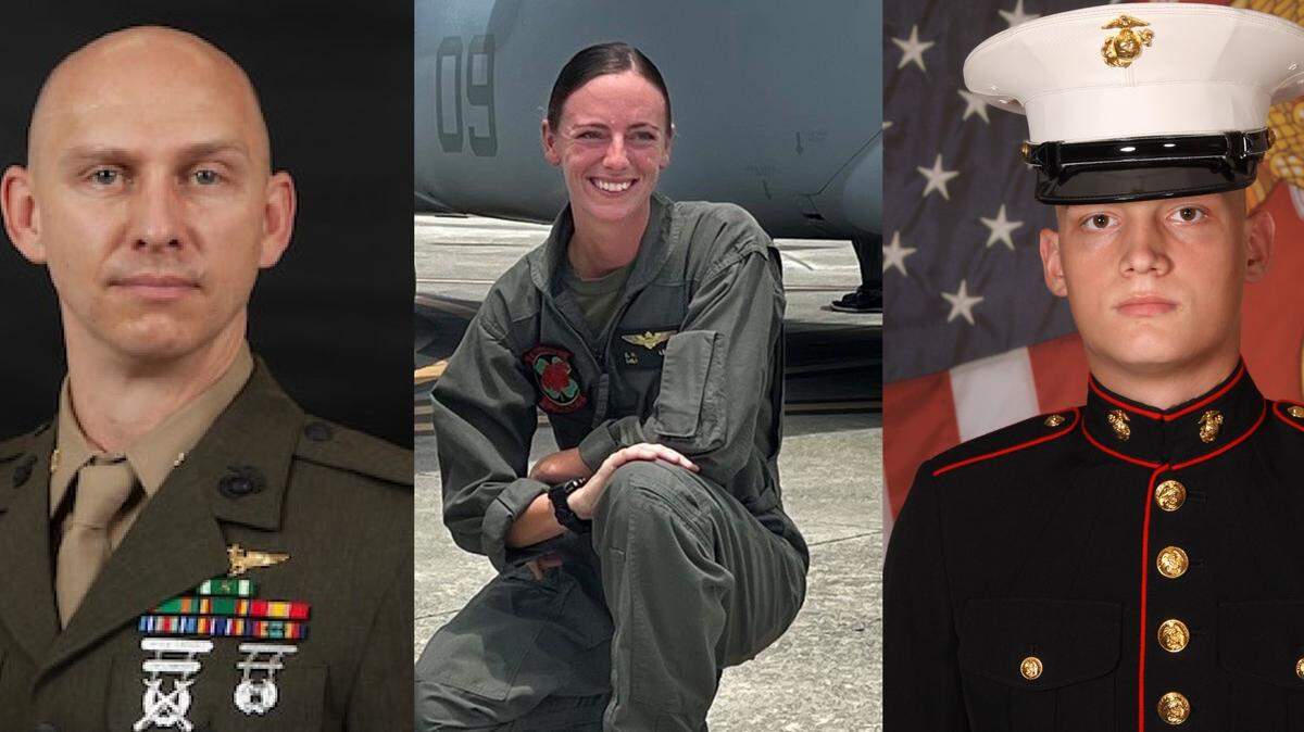The three U.S. Marines killed in an MV-22B Osprey crash on Aug. 27, 2023, in Australia included the two pilots, Maj. Tobin J. Lewis, left to right, and Capt. Eleanor V. “Ellie” Cooke; and crew chief Cpl. Spencer R. Collart. Cooke was from Belleville.