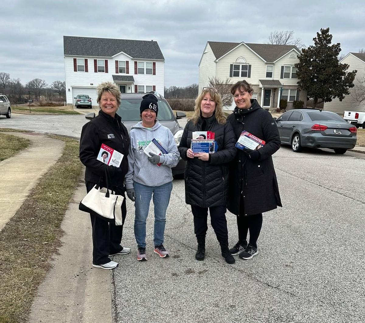 City of Belleville candidates who went door to door on Sunday on Westhaven Meadows Drive include, right to left, Shelly Schaefer, who’s running for city clerk; Kathy Kaiser, who’s running for Ward 5 alderperson; and Jenny Gain Meyer, who’s running for mayor. They’re pictured with volunteer Barbara Hohlt.