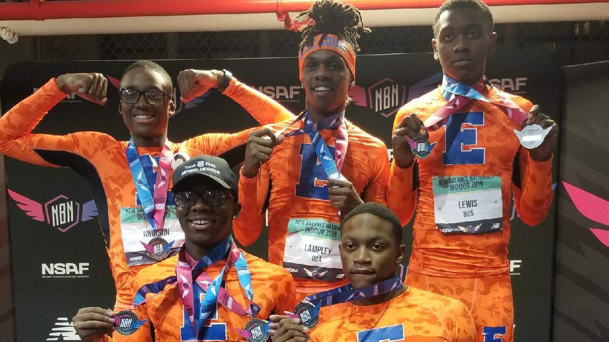 East St. Louis national indoor track champions: (L-R) Andrew Johnson, Willie Johnson, Marcus Lampley, Xavier Mix and Keontez Lewis
