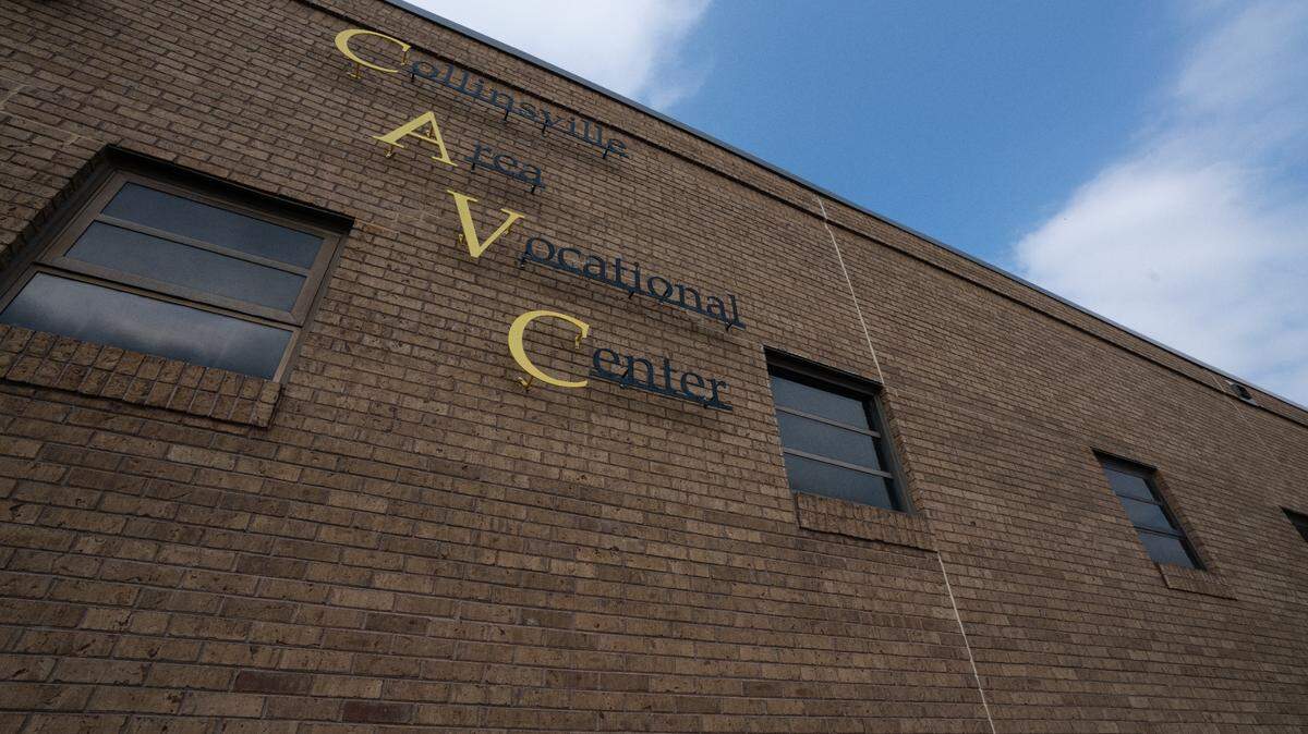 Outside the Collinsville Area Vocational Center in Collinsville, Ill. on Sept. 21, 2023. The CAVC provides vocational training ranging from auto repair and precision machining to certified nursing and dental assisting.
