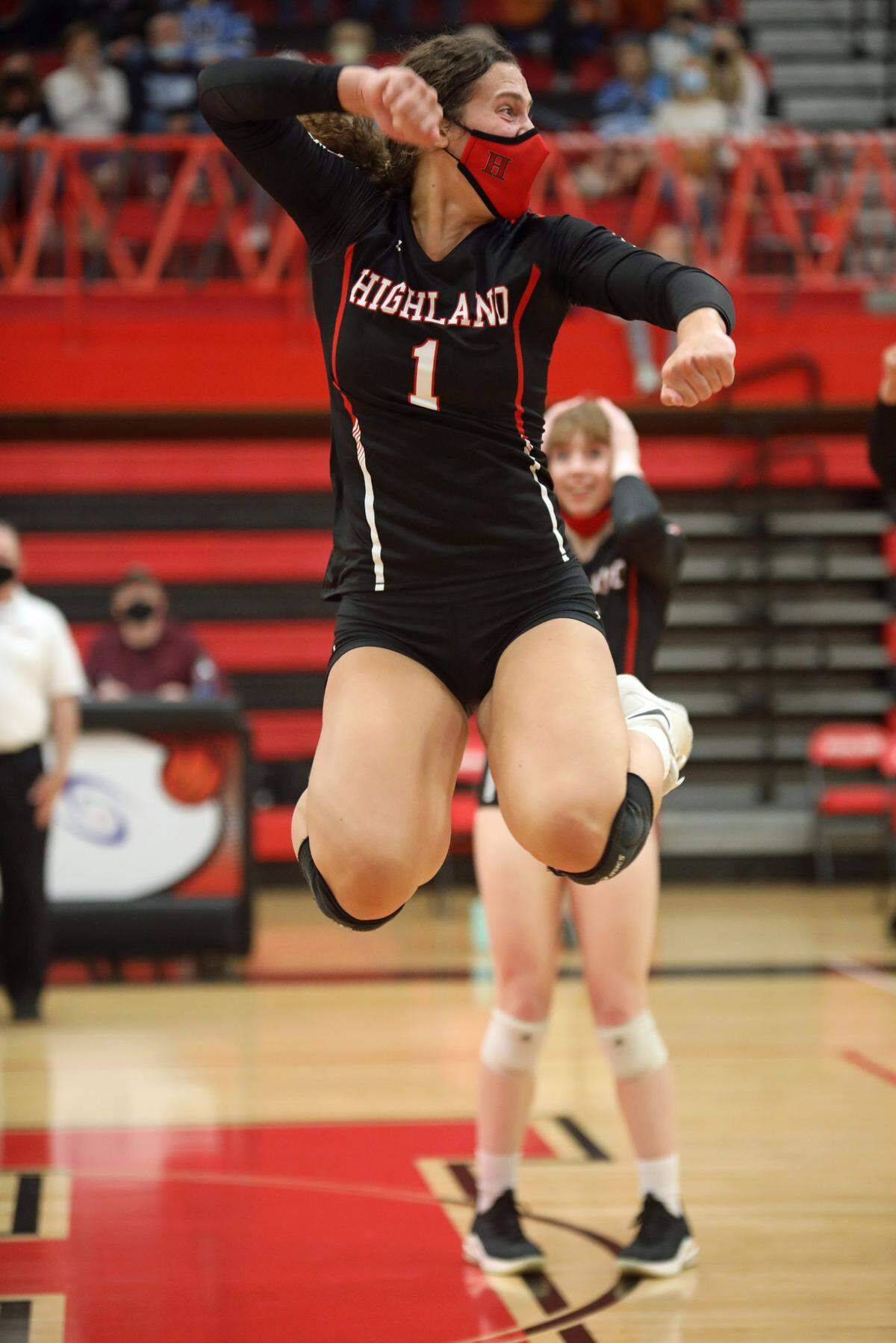 Highland senior outside hitter Bella LaPorta celebrates a point as the Bulldogs try to rally late in their home finale against Mater Dei in 2021. LaPorta enjoyed a strong freshman year at William Jewel College while playing for the volleyball program and is now looking forward to her sophomore season.