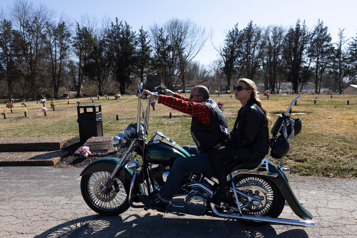 Motorcyclists from the metro-east and eastern Missouri ride through St. Louis to Cedar Hill in a procession March 3, 2024. The group was leading the funeral procession for Sharli Edmonds and Chad Metcalf, who died in a house fire in Cahokia Heights on Feb. 24.