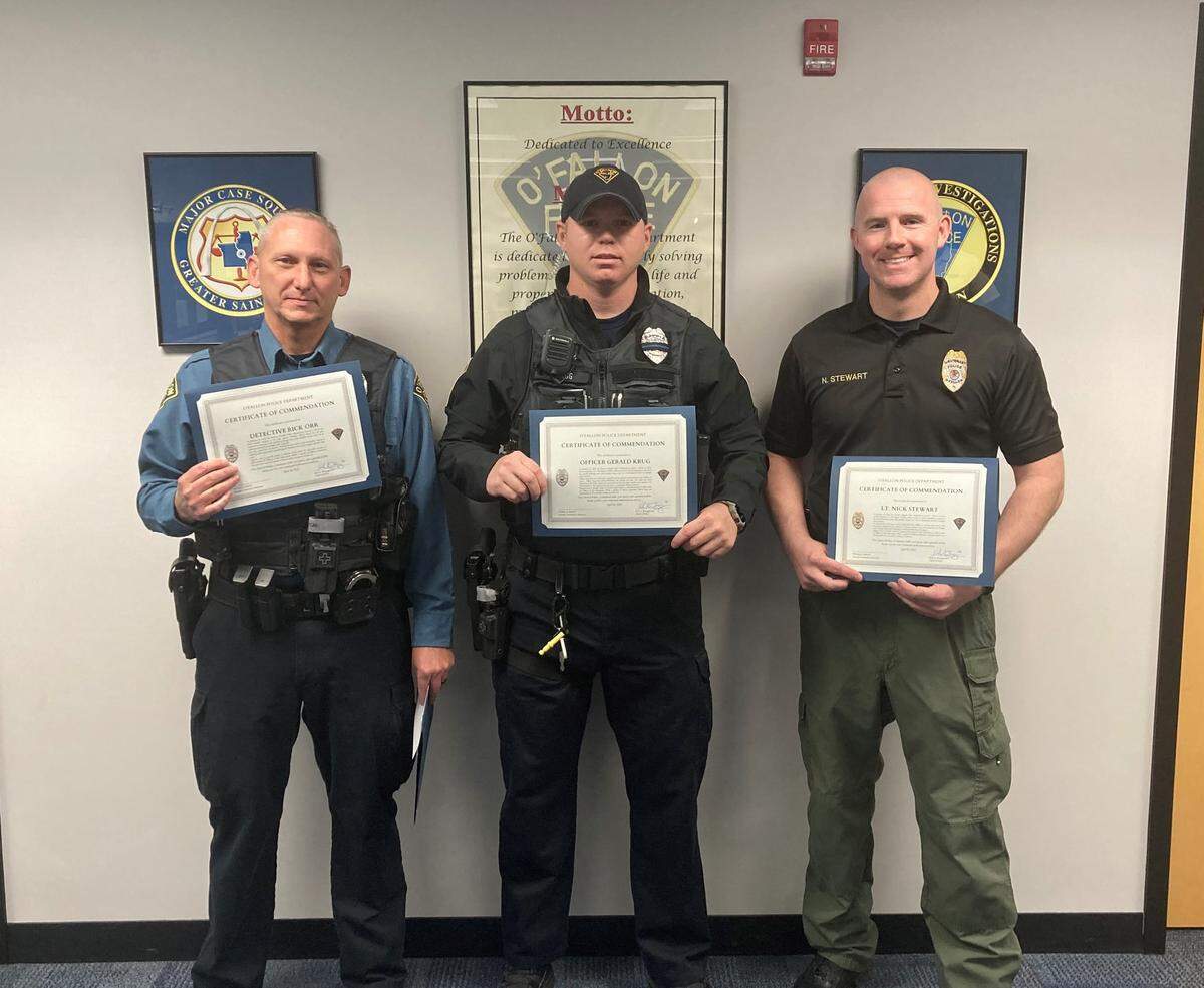 Officer Rick Orr, Officer Jared Krug, and Lt. Nick Stewart of the O’Fallon Police Department were recognized for their assistance with a shooting that occurred inside St. Clair Square. Orr, Krug, and Stewart’s efforts were instrumental in quickly identifying the suspects, locating the suspects, and recovering the weapons involved in the incident. Without these officers quick and decisive actions, the suspects would not have been identified and taken into custody so quickly.
