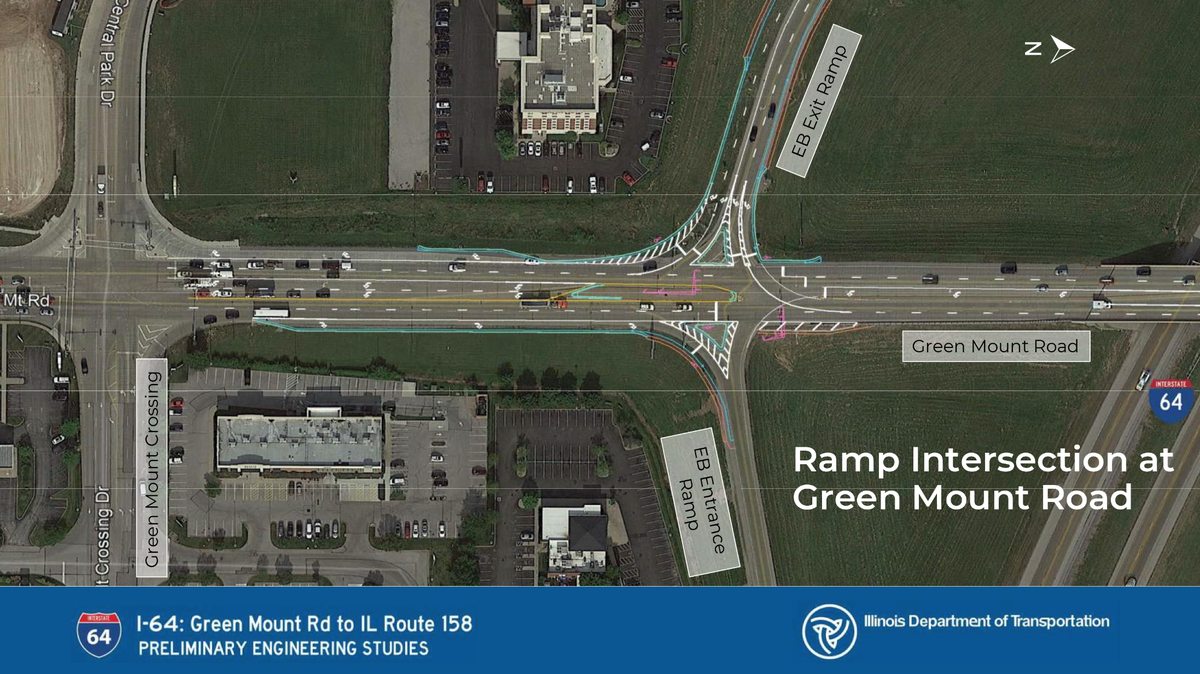 This slide from an Illinois Department of Transportation presentation about planned work on North Green Mount Road shows the proposed eastbound Interstate 64 exit ramp widening.