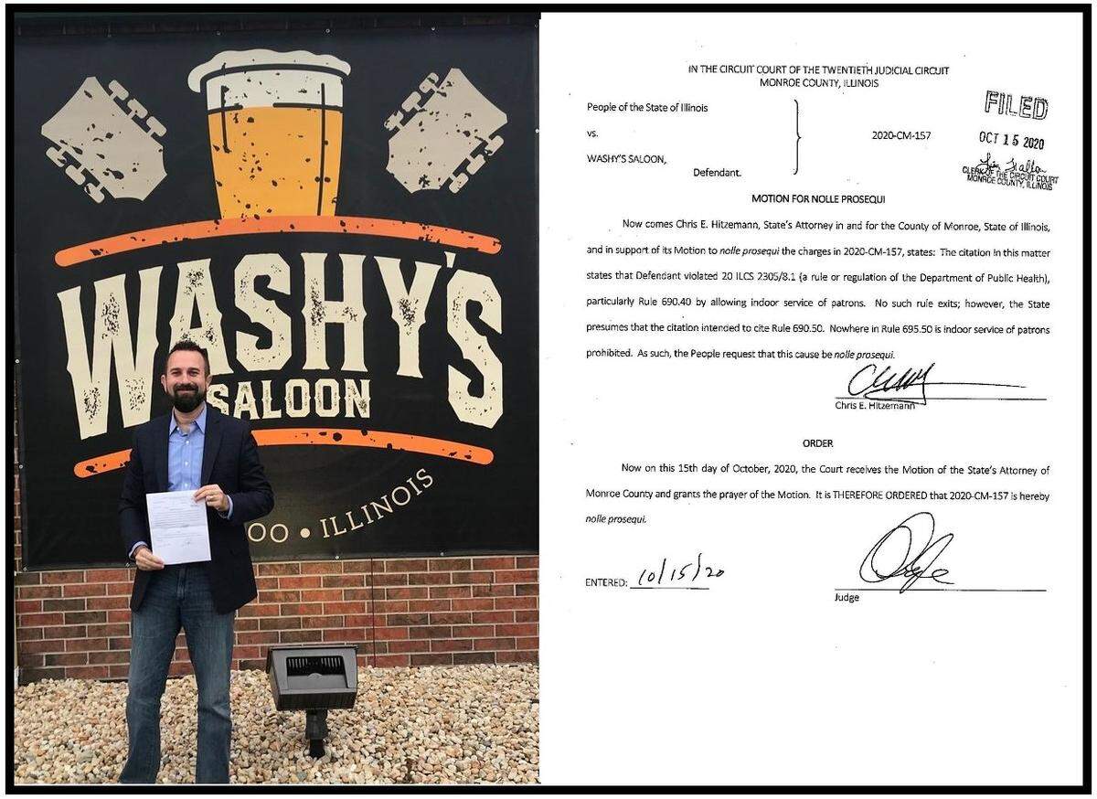 Washy’s Saloon in Waterloo posted this image of owner Rod Washhausen holding an Oct. 15 judge’s order that dismissed an Illinois State Police citation for violating COVID-19 restrictions.