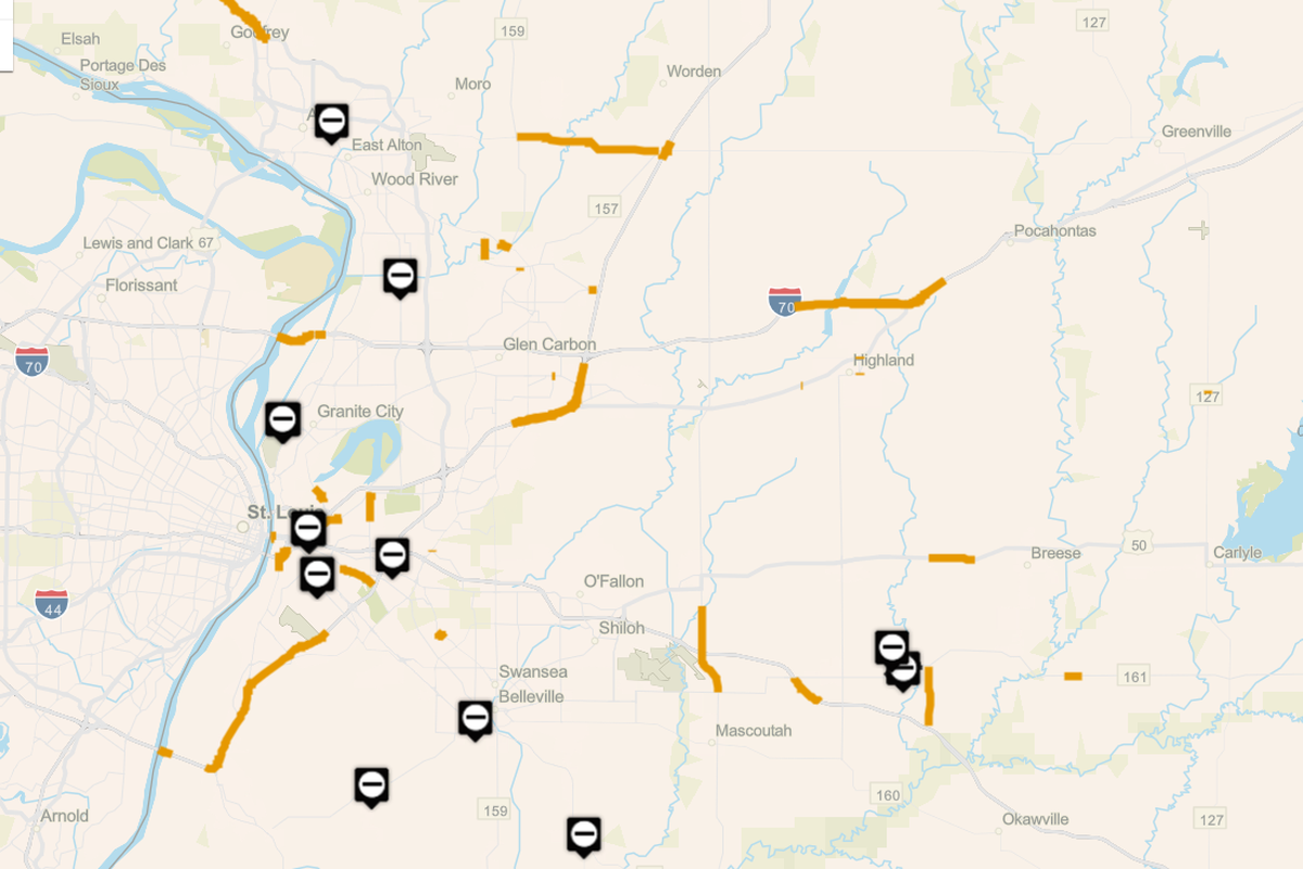 This screenshot from the Illinois Department of Transportation’s website shows work zones in the metro-east.