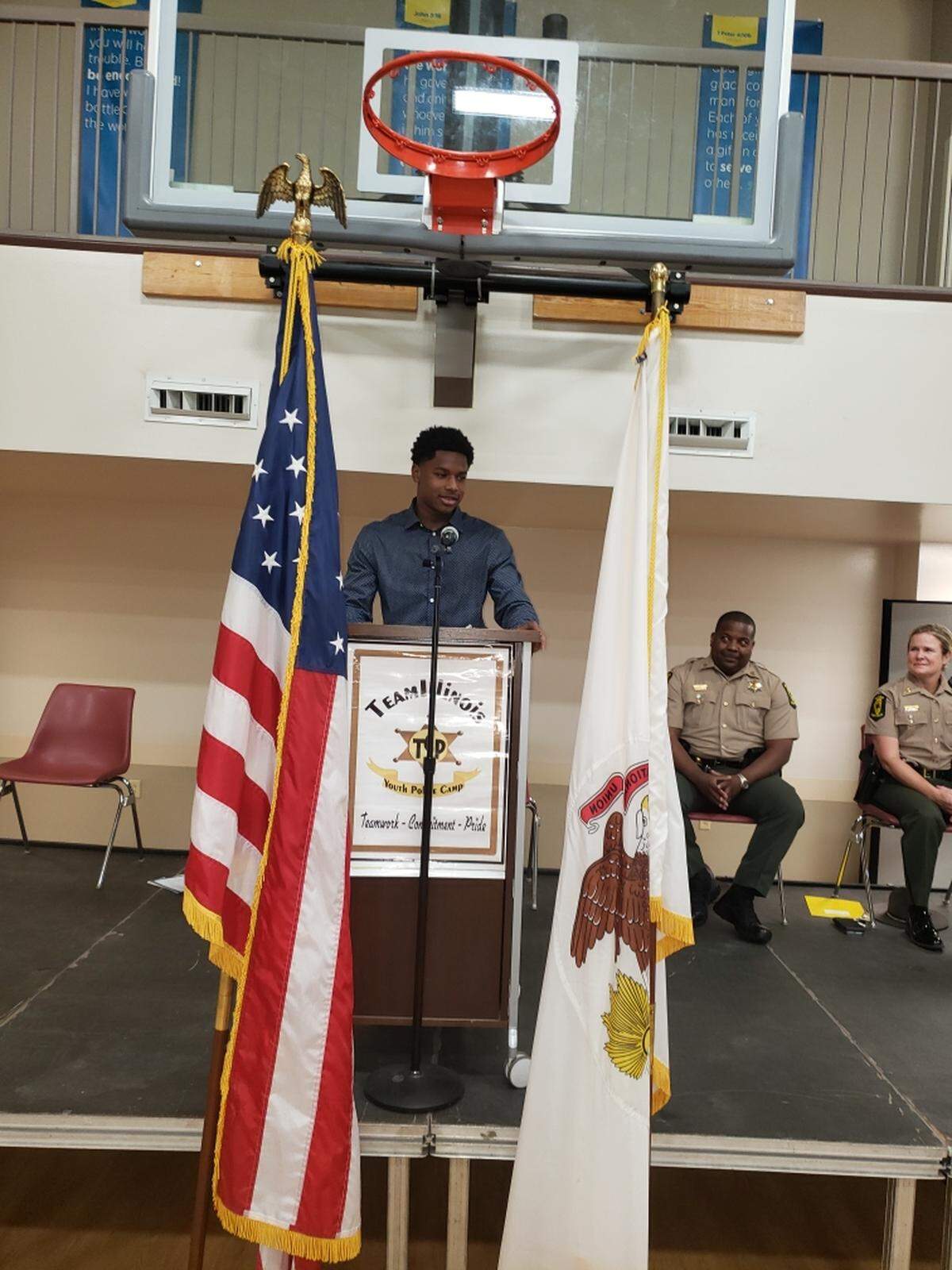 East St. Louis High School graduate and current Georgia Bulldogs football player Dominic Lovett addresses cadets at the Team Illinois Youth Police Camp graduation in 2022. This year’s camp will take place Sunday, July 16, through Saturday, July 22, at Principia College in Elsah, Illinois. Lovett himself is a graduate of the camp.