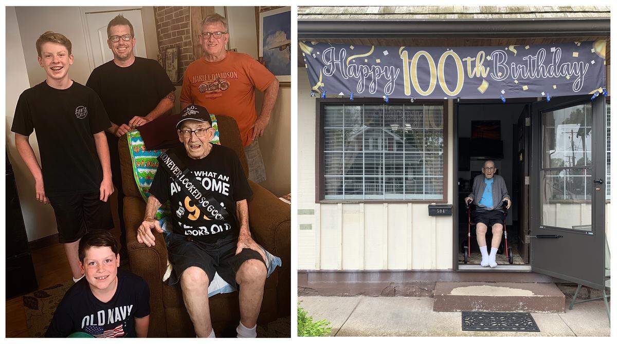 Edward Manthey, seated, with great-grandsons Harrison Manthey, bottom left, and Campbell Manthey, grandson Don Manthey Jr. and son Don Manthey. At right, a birthday banner hangs outside his apartment.
