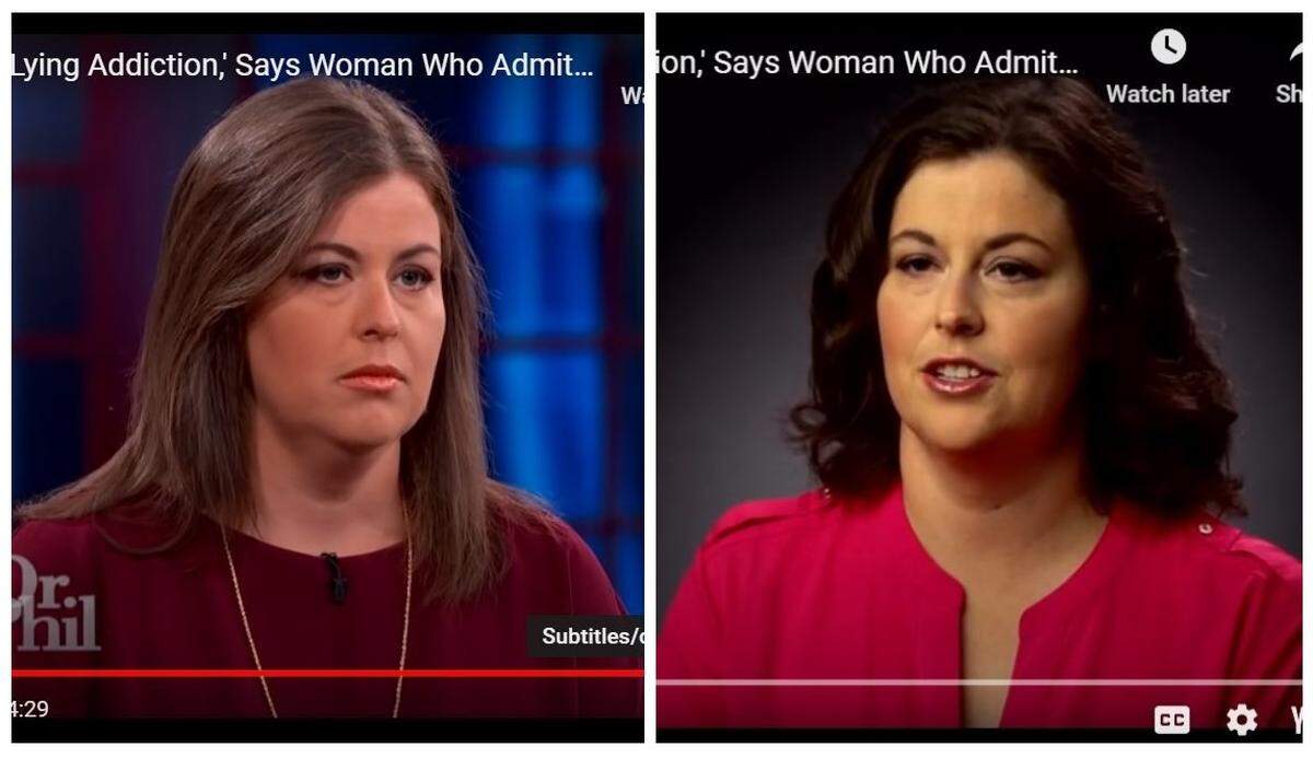 Sarah Delashmit answers questions during a 2019 taping of the “Dr. Phil” show, left, and an advance interview with producers, admitting she had a “lying addiction.”