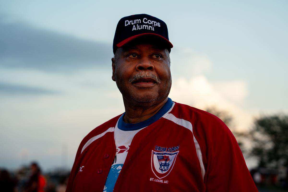 Rodney Williams, a 74-year-old drum corps fan from north St. Louis, before the St. Louis-area stop of the activity’s national tour at Belleville West High School on Tuesday, July 22, 2025, in Belleville.