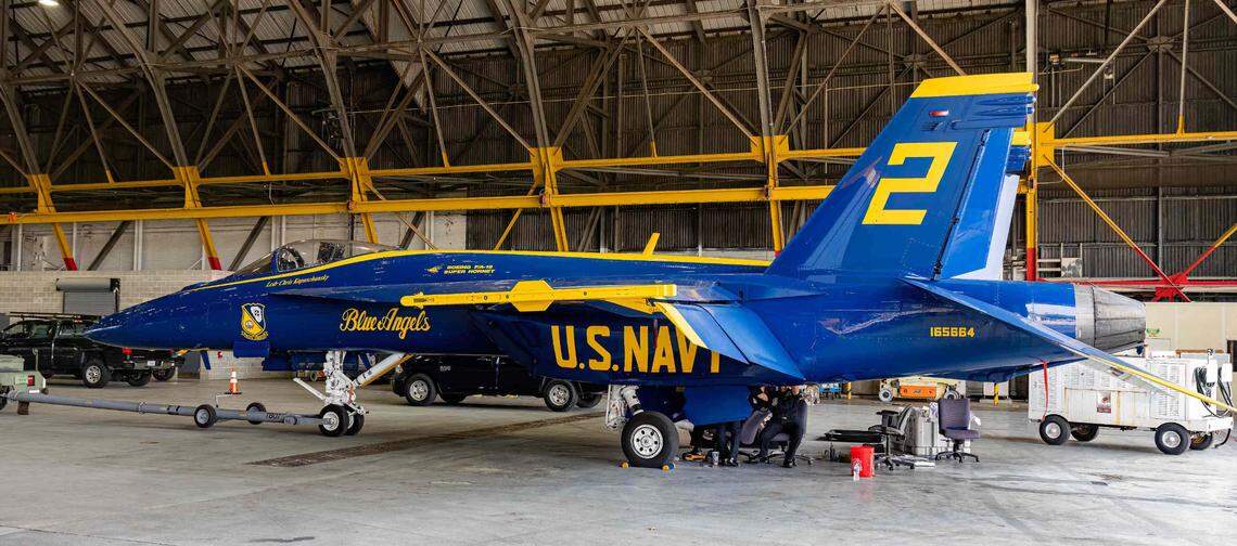 Pictured is a US. Navy Blue Angels F/A-18 Super Hornet at the Scott Air Force Base Airshow. The airshow drew thousands of spectators and included the MiG-17 Randy Ball; P-51 Mustang, Heritage Flight, F-22 Demo; Extreme Flight Pitts S1-S; and more.