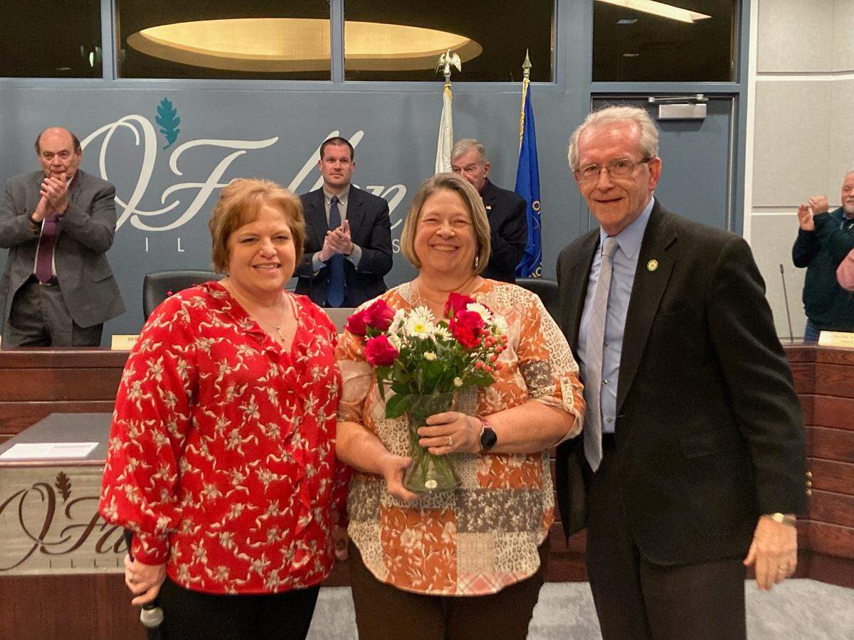 The city recognized Patty Diess for her 24 years of service at the O’Fallon City Council meeting Monday, Feb. 6. She is retiring next week and has worked as an accounts payable clerk in the finance department. From left, Finance Director Sandy Evans, Diess and Mayor Herb Roach.