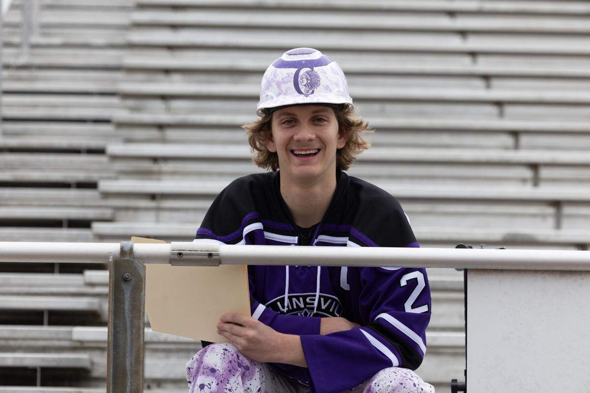 Eric Denny, a student hockey player at Collinsville High School, poses before his speech to those opposed to the Native American mascot ban bill. “Our mascot isn’t a parody or stereotype, we do it to honor the original people of this land,” Denny said.