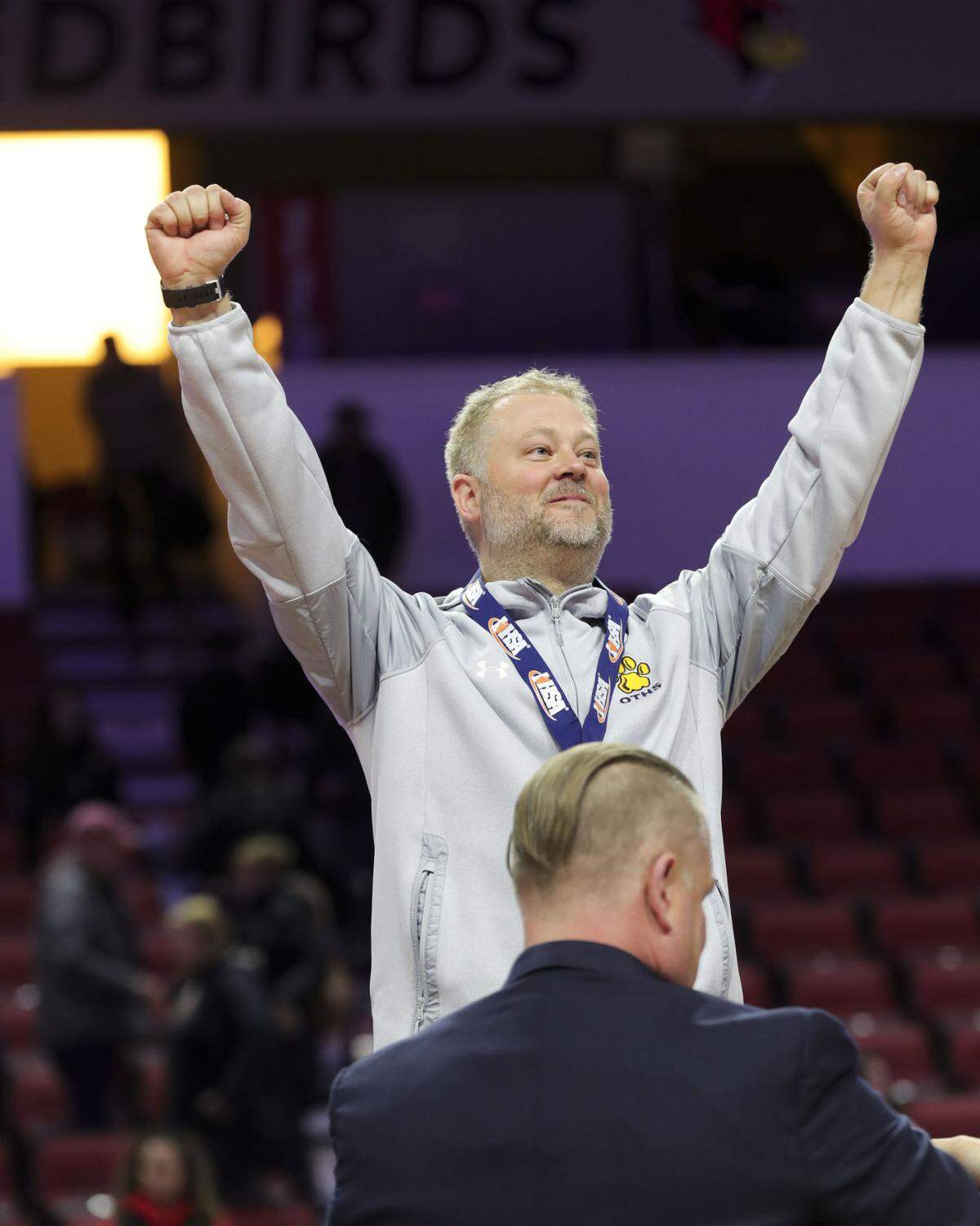 O’Fallon head coach Nick Knolhoff during the awards ceremony after Saturday’s IHSA Class 4A state championship game against Lisle Benet Academy at CEFCU Arena (formerly Redbird Arena) on the campus of Illinois State University. O’Fallon ultimately prevailed 62-57 to claim the state title.