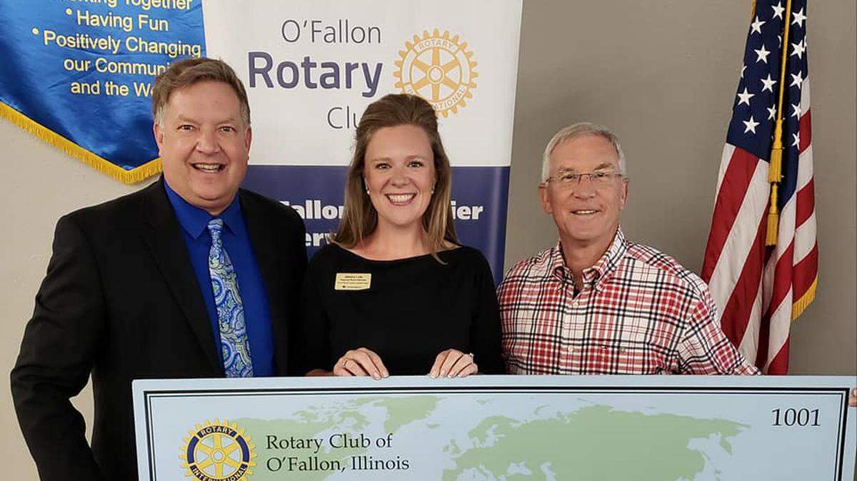 Jessica Lotz, representing Thrivent Financial, recently presented a $2,500 donation to the Rotary Foundation in recognition of the great work the Rotary Club of O’Fallon does in the community and the world. Lotz stated, “It’s hard to measure the impact this club has on our community; I cannot imagine O’Fallon without Rotary.” Thrivent demonstrates its wise with money mission by working alongside community partners focused on ending persistent economic disparities or generational poverty. From let, past president Woody Almind, Lotz, and current president Rich Lunan.