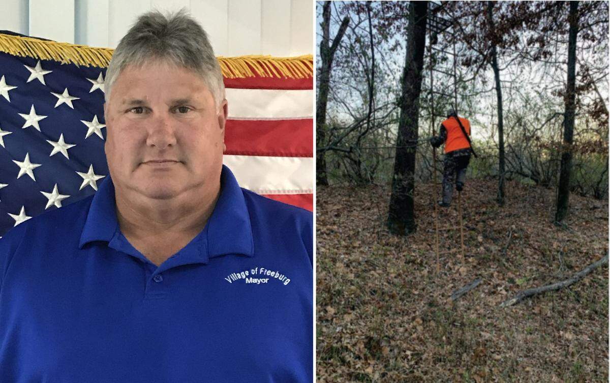 The Illinois Department of Natural Resources has issued citations for deer-hunting violations to Freeburg Mayor Seth Speiser, left, and his son, Mitchell Speiser, shown climbing down from a tree stand in a photograph taken by conservation police on Nov. 18.