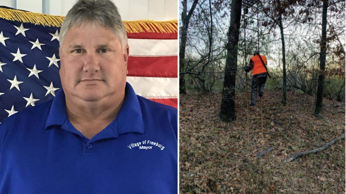 In 2022, Illinois Conservation Police issued multiple citations for deer-hunting violations to Freeburg Mayor Seth Speiser, left, and his son, Mitchell Speiser, shown climbing down from a tree stand in an evidence photo.
