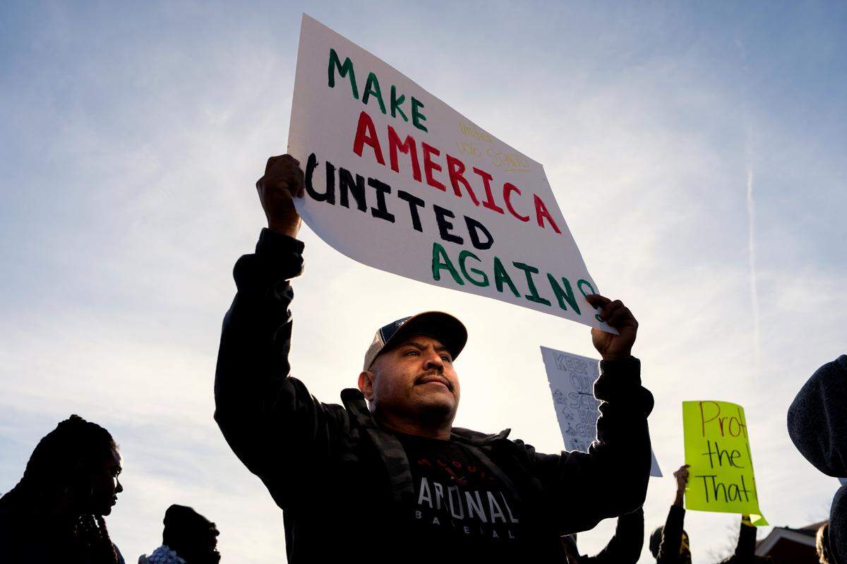Manuel Trujillo, 44, of Overland, marches alongside roughly 100 community members march to protest President Donald Trump’s policy changes around immigration on Saturday, Jan. 25, 2025, in Overland. “I’m out here to support our people because they are instilling [so] much fear,” he said in Spanish.