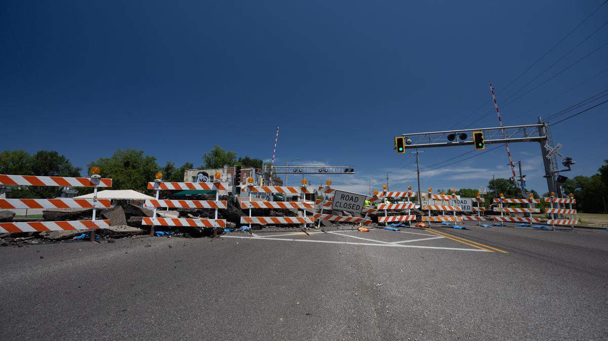 IL-159 on the border of Belleville and Swansea on June 24, 2024 after construction on railroad tracks closed the route to traffic.