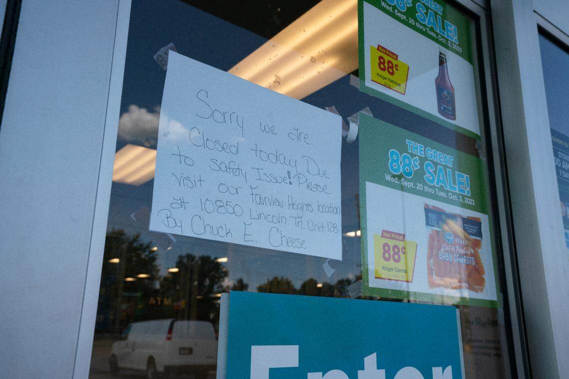 Signage on the door of Ruler Foods in Belleville states the store is closed due to safety issues.