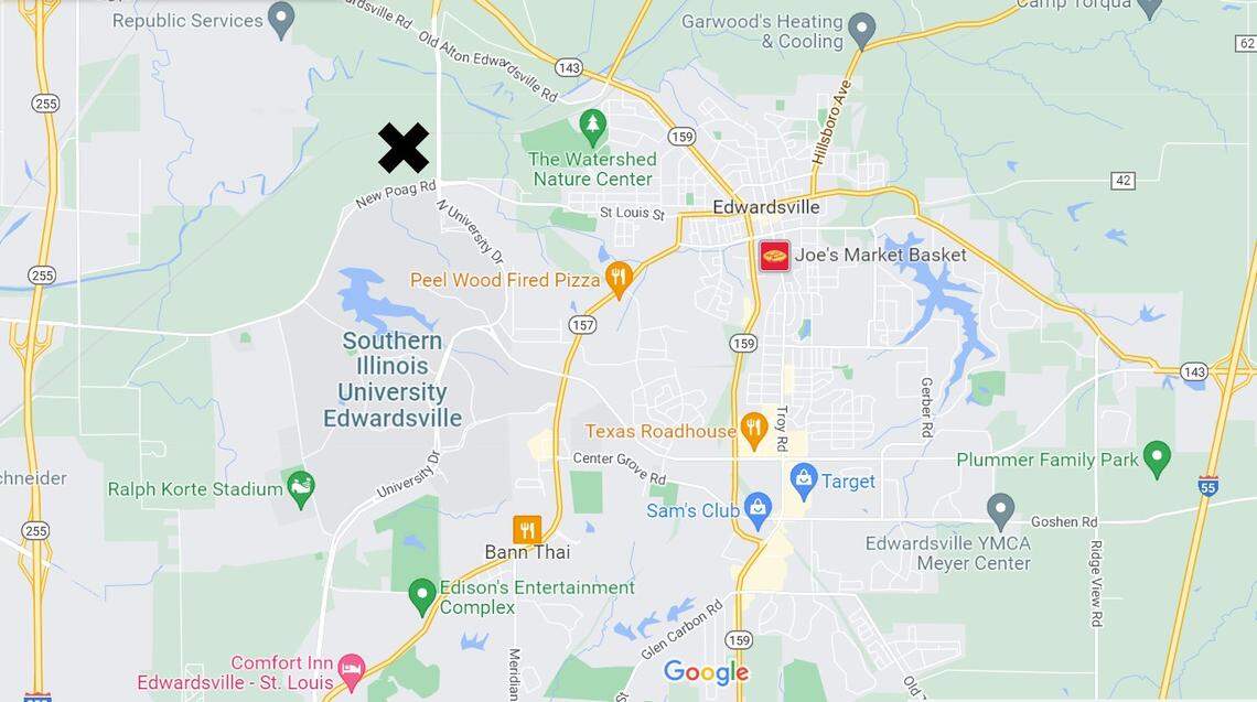 An X marks the location of 91 acres off New Poag Road that Edwardsville Community Unit School District 7 officials considered buying for construction of a middle school, but they decided against it after widespread opposition.