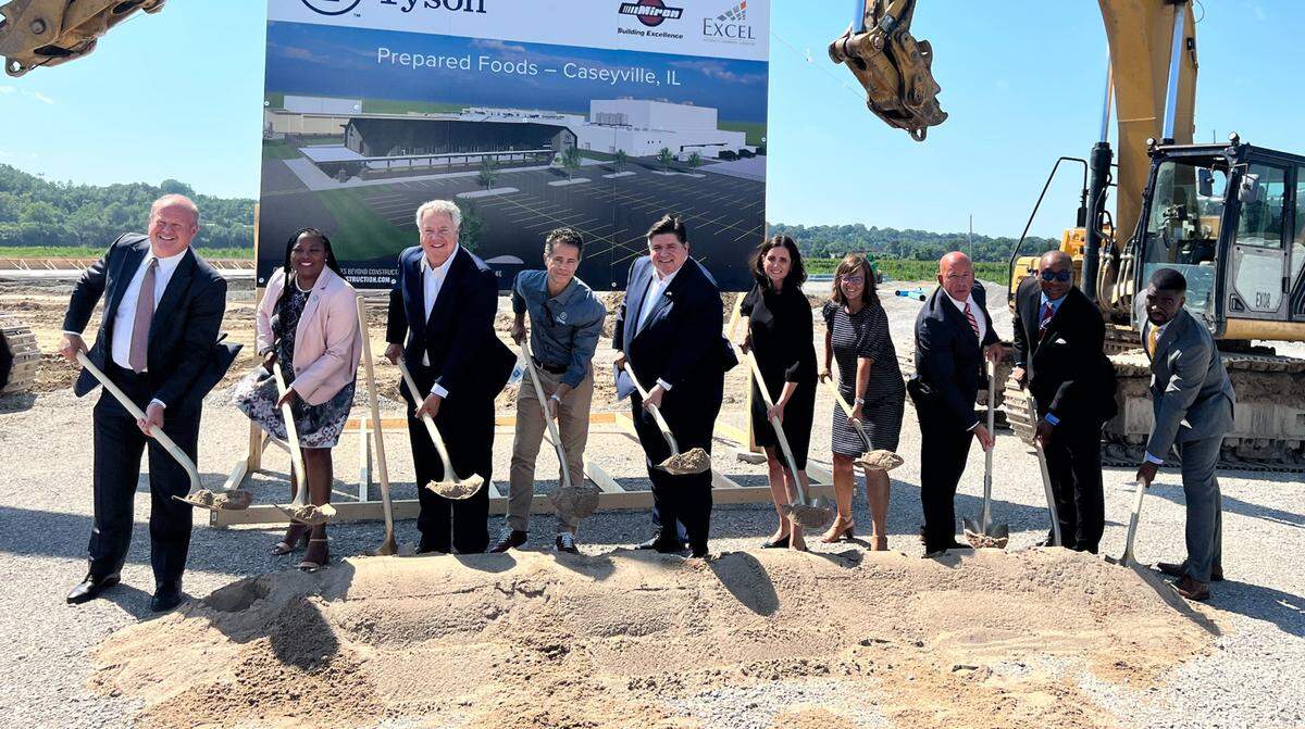 Illinois Governor J.B. Pritzker poses for a photo with dignitaries, Tyson leadership and other elected officials during a ceremonial groundbreaking at the Tyson Prepared Foods expansion in Caseyville. The project is expected to produce hundreds of new jobs and yield a $180 million investment in the community.