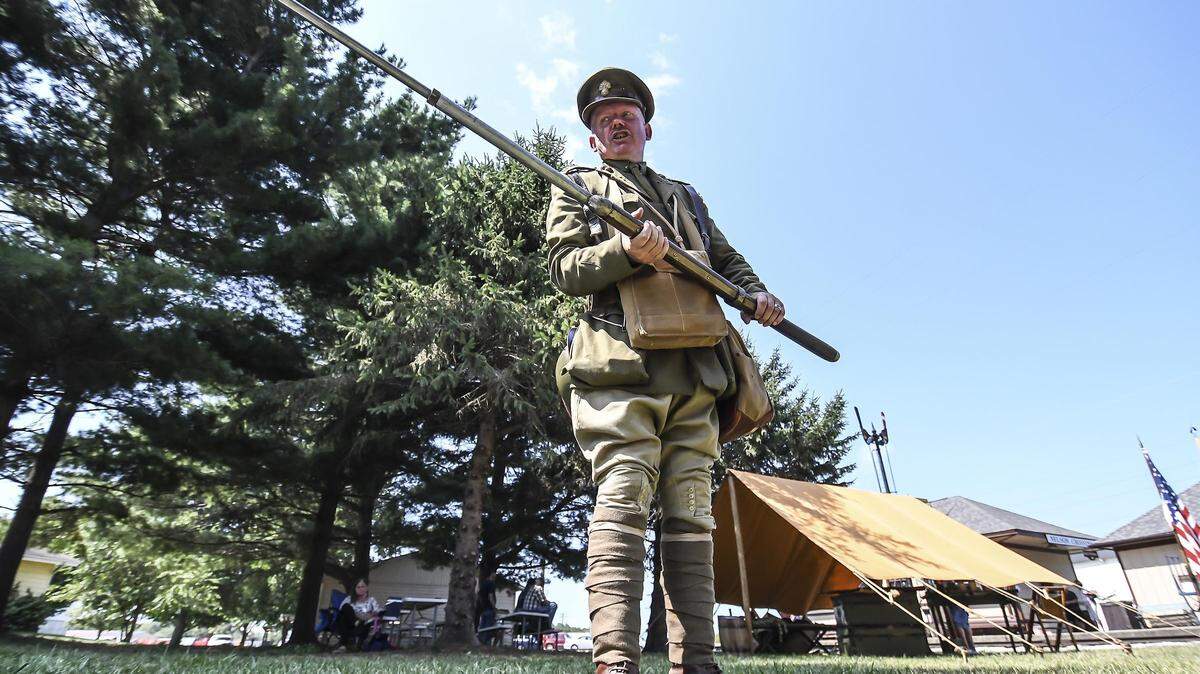 PHOTOS BY CLAY JACKSON, HERALD & REVIEW 
Great War Living History Enthusiast Ian Houghton talks about British’s side in World War I Saturday during World War I Encampment at Monticello Railway Museum. 
The encampment featured several private World War I collections, displays and encampment on Saturday at Monticello Railway Museum. The event was put on by the Monticello Railway Museum and the Illinois State Military Museum.
This event signified the departure of Illinois Army National Guard troops to Camp Logan, Texas for mobilization training for the Great War from September to October 1917. To see more photos from the event visit www.herald-review.com/gallery


