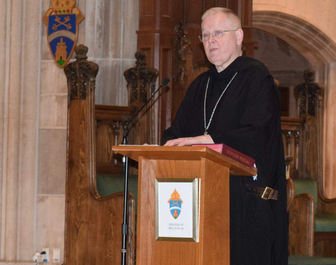 Rev. Godfrey Mullen announcing that he’s been appointed the 10th bishop of the Catholic Diocese of Belleville by Pope Leo XIV on Friday.
