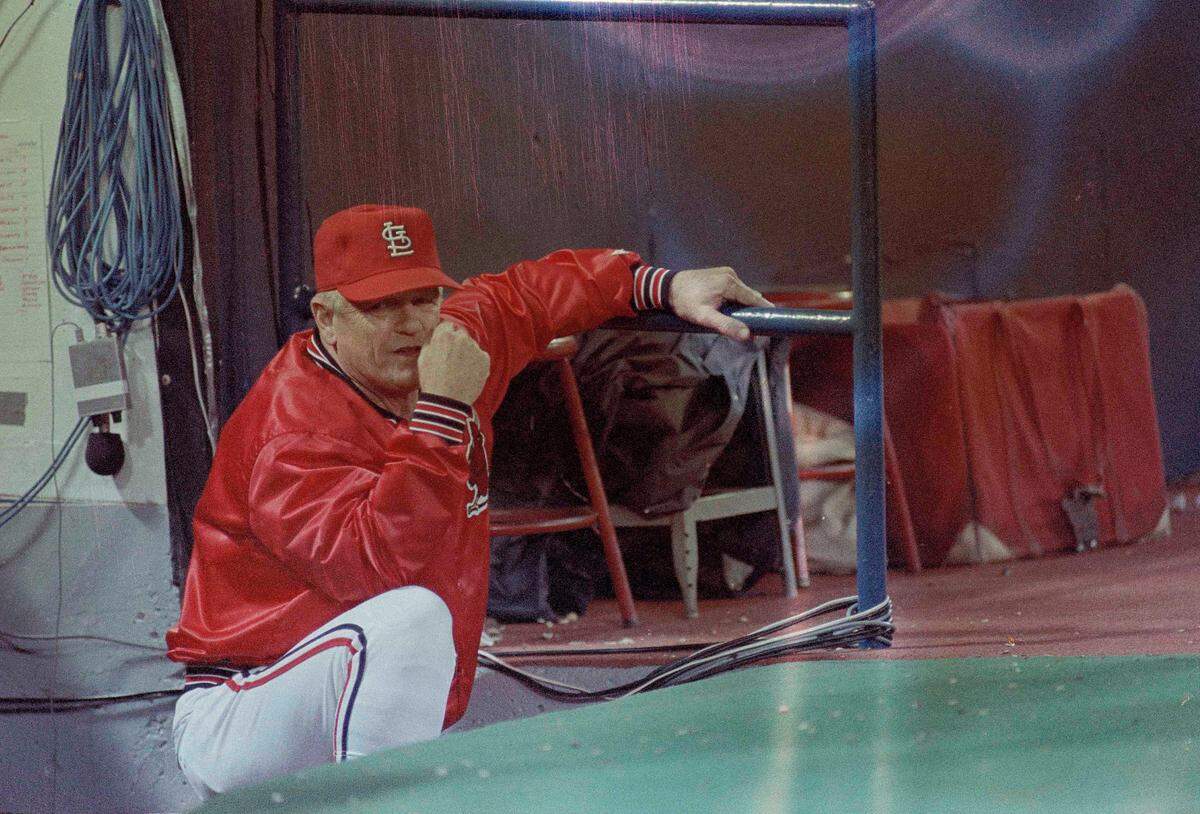 Whitey Herzog, manager of the St. Louis Cardinals watches the action at the 7th game of the World Series against the Kansas City Royals in Kansas City, Mo., Oct. 27, 1985. Cardinals lost the game in a shutout, 11-0. (AP Photo)