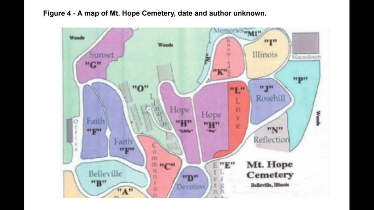An opponent of a planned solar farm at Mount Hope Cemetery in Belleville attached this undated map with a legal memorandum he sent to the city. He maintains that it shows “woods” were part of the cemetery design.