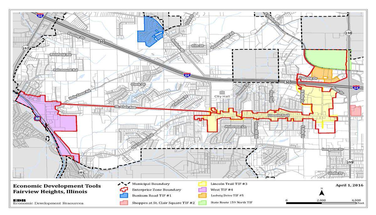 As this map shows, Lincoln Trail is part of an enterprise zone and tax-increment-financing district in Fairview Heights, making businesses eligible for state and local incentives.