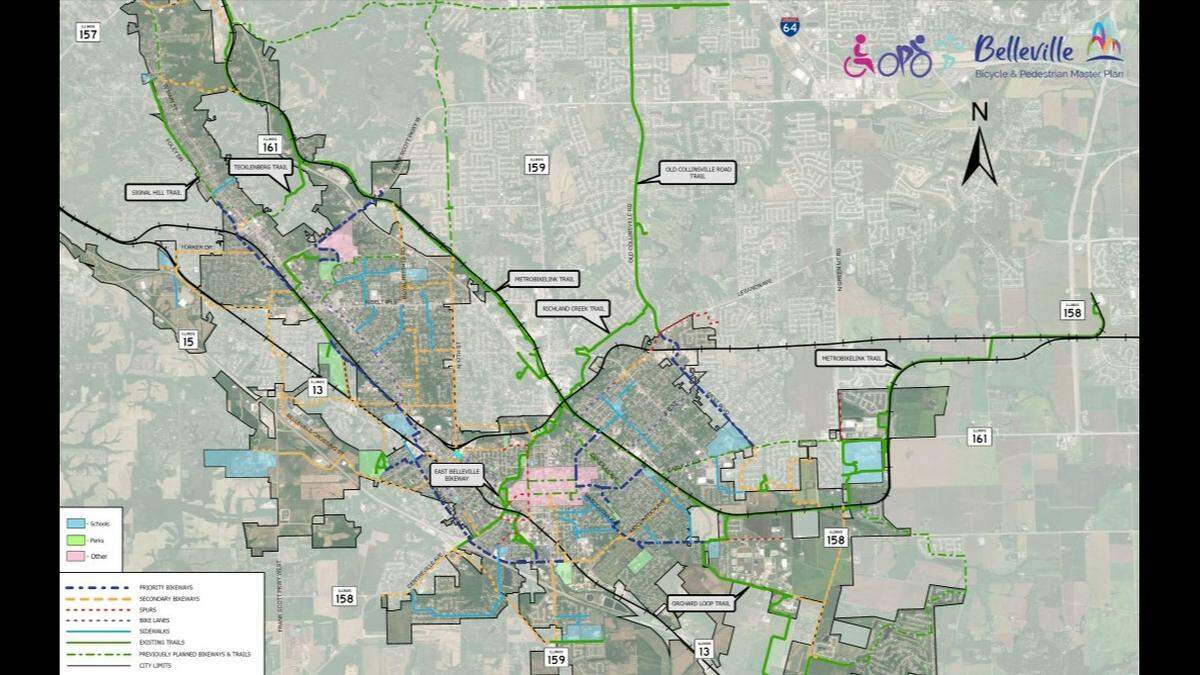 A color-coded map shows existing, planned and proposed bike trails and recommended sidewalk improvements, spurs and bike lanes in Belleville. It’s part of the city’s new Bicycle and Pedestrian Master Plan.