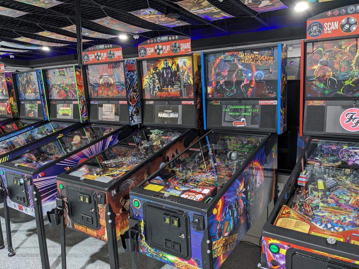 In addition to older pinball machines, Atomic Pinball Arcade has newer games, including The Mandalorian and Guardians of the Galaxy.