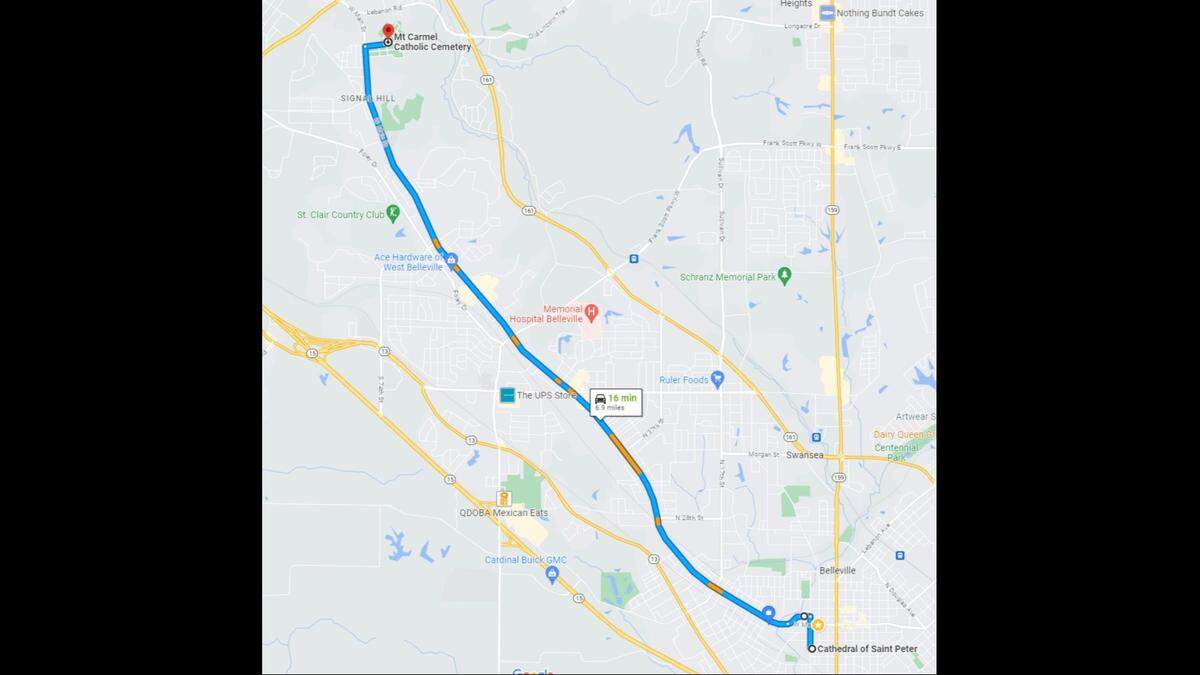 This is the route for the funeral procession Saturday for Marine Capt. Eleanor “Ellie” Cooke in Belleville. it will begin at St. Peter’s Cathedral Catholic Church and conclude at Mount Carmel Catholic Cemetery.