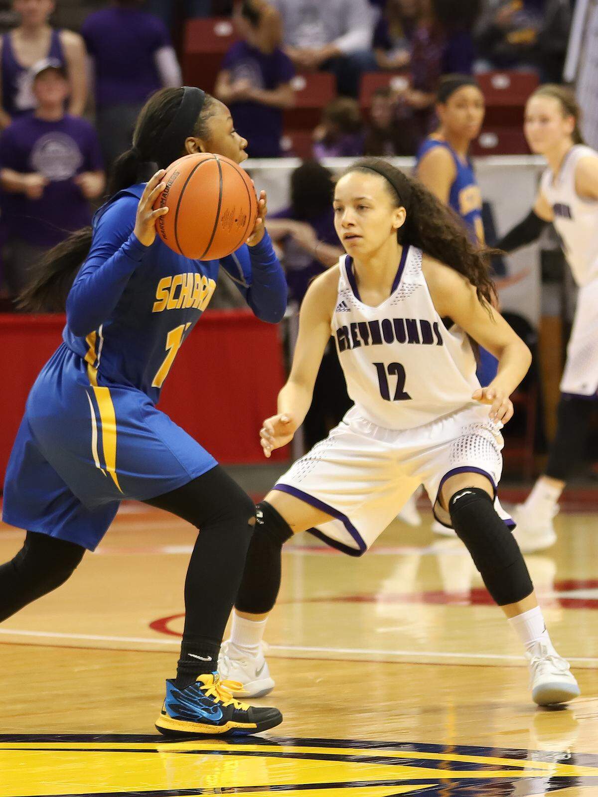 Lebanon senior Krista Bass guards Schlarman Academy junior Janiah Newell during the first half of the IHSA Class 1A state semifinals Friday afternoon at Redbird Arena in Normal.