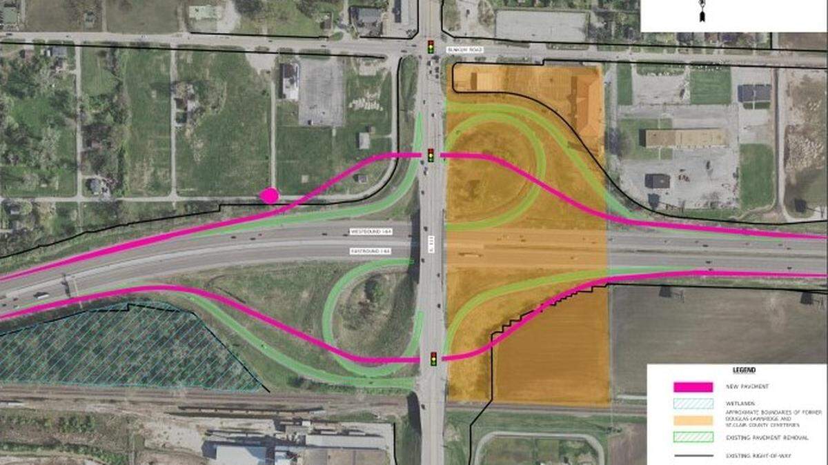 This conceptual map shows current paved areas that will be removed from the Interstate 64 and Illinois 111 intersection in green, new pavement in pink, the current state right-of-way in black and the approximate site of the former Black and paupers cemeteries in brown.