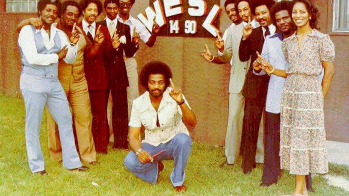 Jim Gates, center, along with his WESL 1490 Radio staff in the late 1970s, around the time he was given the go-ahead to play the first rap record over the air in the St. Louis market.
