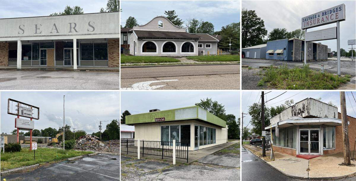 These 2023 file photos show some of the vacant, derelict and burned buildings in the vicinity of Bellevue Park Plaza at West Main Street and North Belt West in Belleville.