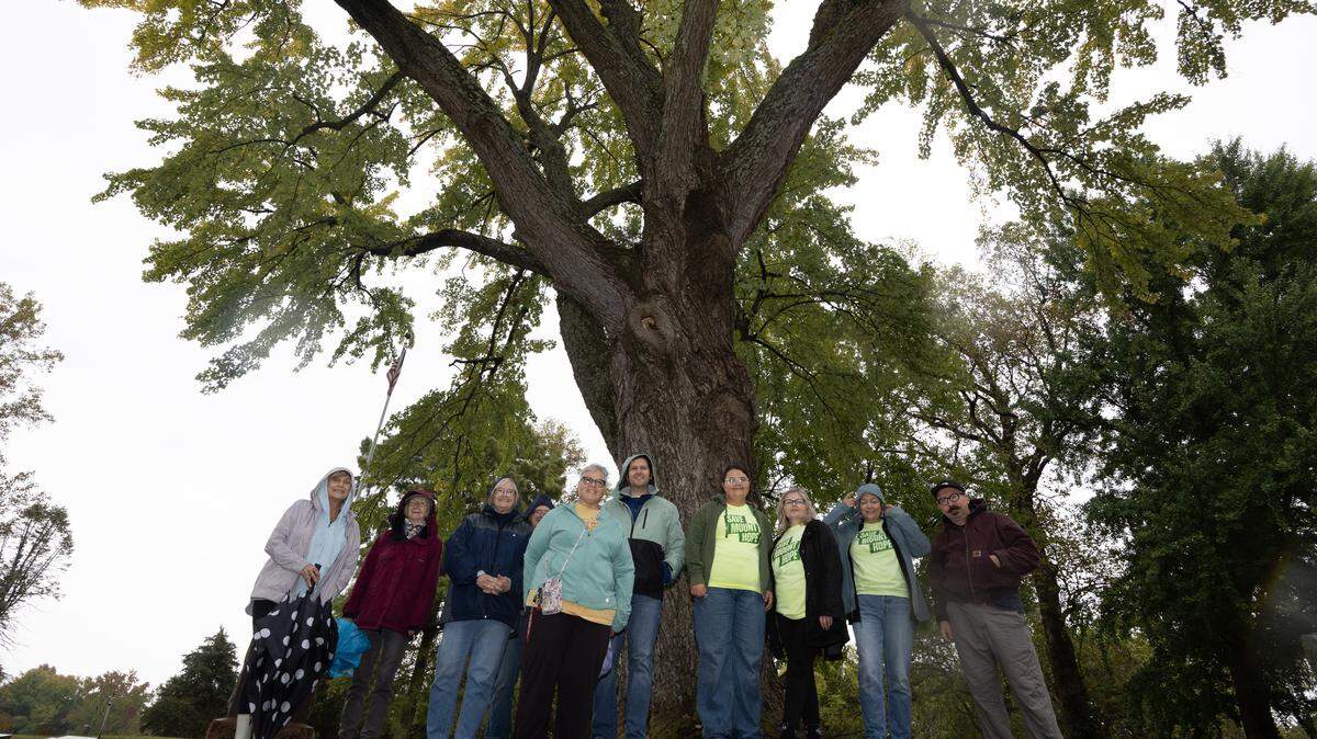 Members of Save Mount Hope pose in front of a red maple tree that was recently designated as the state’s champion in Mount Hope cemetery.