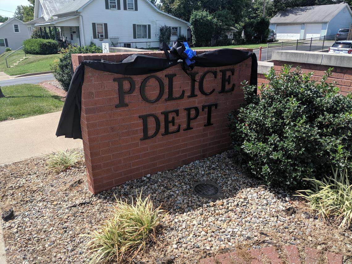 Waterloo Police draped black and blue ribbons on the department’s welcome sign Saturday as a show of support for Illinois State Trooper Nick Hopkins’ family and colleagues. Hopkins was shot and killed in East St. Louis Friday, Aug. 23.
