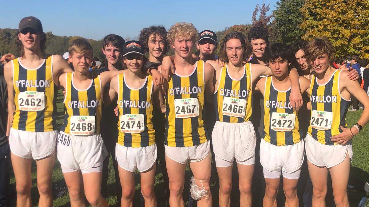 The O’Fallon boys cross country team finished 22nd at the recent IHSA state tournament. From left, team members Nathaniel Boston, Ethan Nieroda, Dylan Ybarra, Peyton Mueller, Eli Greenstreet, Blake Westrater and Zach Thoman.